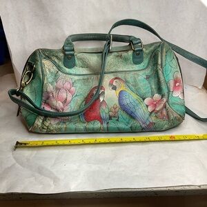 Anuschka Parrot Hand Painted Leather Satchel Crossbody Purse